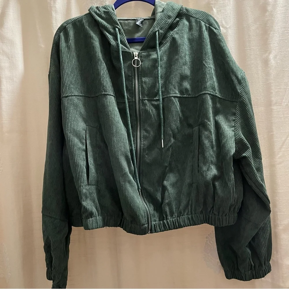 Olive Green Corduroy Cropped Hooded Zip Jacket NWOT